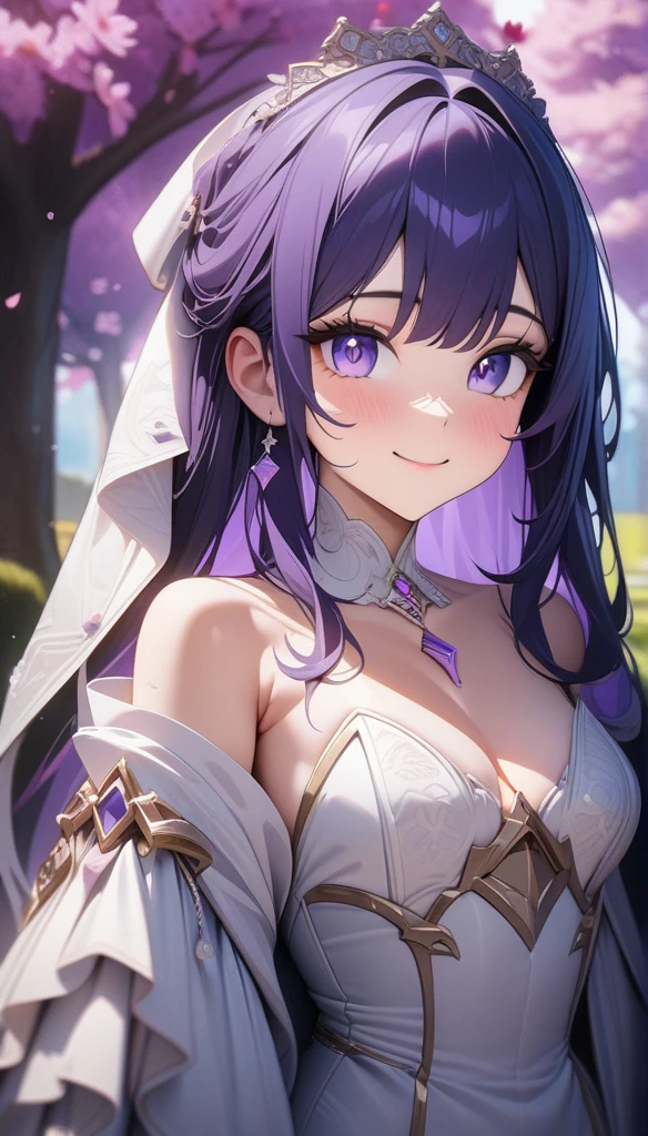 (Highest quality,4K,8K,High resolution,masterpiece:1.2),1 Girl,Purple Hair,Purple eyes, Fine grain ,General Raiden from Genshin Impact, Super detailed, Perfect Face, Great eyes, Hilarious, smile, Digital Art, Surrounded by cherry trees, Beautiful Wedding Dresses,