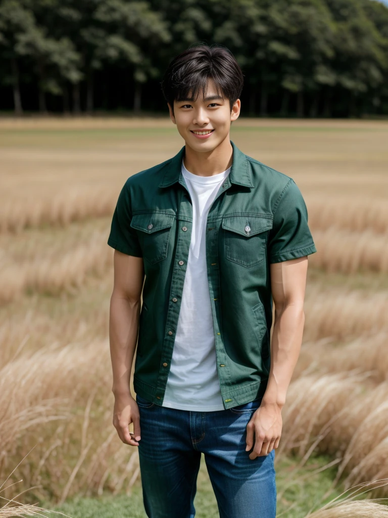 独奏: 1.5, (As a matter of fact, Masterpiece, 8k HD, good light quality, sportswear, fit the face, complicated details), A handsome Korean young man with muscular arms. , 20 years old, be happy, smile brightly, detailed face, delicate eyes, look at the sky, Wear a tight green t-shirt.:1.6 ,Wear a denim coat., jeans period, black eyes, Black hair color, ผมsmooth, smooth，Surreal，Awesome details，Highest quality，real，Open your mouth to talk. , Close your eyes., (standing in the grass:1.5)