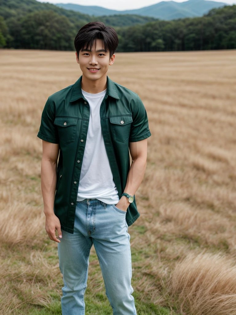 独奏: 1.5, (As a matter of fact, Masterpiece, 8k HD, good light quality, sportswear, fit the face, complicated details), A handsome Korean young man with muscular arms. , 20 years old, be happy, smile brightly, detailed face, delicate eyes, look at the sky, Wear a tight green t-shirt.:1.6 ,Wear a denim coat., jeans period, black eyes, Black hair color, ผมsmooth, smooth，Surreal，Awesome details，Highest quality，real，Open your mouth to talk. , Close your eyes., (standing in the grass:1.5)