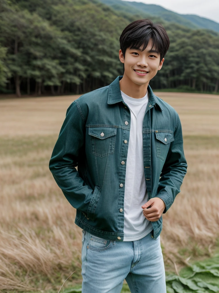 独奏: 1.5, (As a matter of fact, Masterpiece, 8k HD, good light quality, sportswear, fit the face, complicated details), A handsome Korean young man with muscular arms. , 20 years old, be happy, smile brightly, detailed face, delicate eyes, look at the sky, Wear a tight green t-shirt.:1.6 ,Wear a denim coat., jeans period, black eyes, Black hair color, ผมsmooth, smooth,Surreal,Awesome details,Highest quality,real,Open your mouth to talk. , Close your eyes., (standing in the grass:1.5)