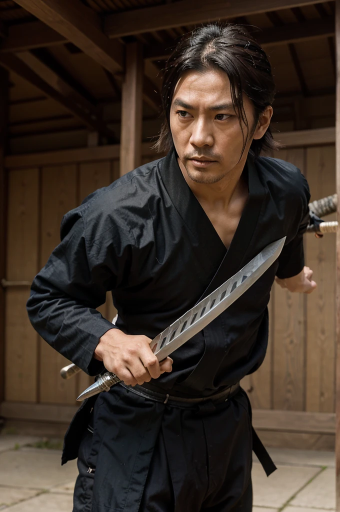 Image of samurai Sasaki Kojiro performing a sword slash 