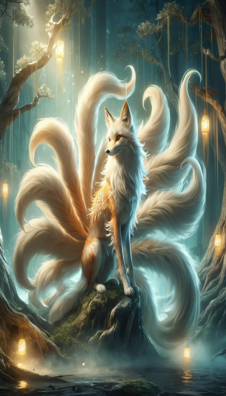 "A beautiful nine-tailed fox、Full moon night、Standing in a mysterious forest。The fox has silvery fur、Its tail is divided into nine shining segments.。The fox's eyes are a deep blue、Wisdom and magic。
(Highest quality,4K,8K,Superior,masterpiece:1.2),Super detailed,(real,Photo realistic,Photo realistic:1.37),Very detailed drawings of animals,Complex patterns,real照明,Fantasy creatures