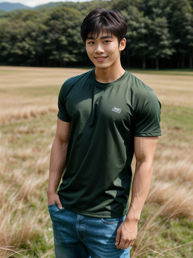 独奏: 1.5, (As a matter of fact, Masterpiece, 8k HD, good light quality, sportswear, fit the face, complicated details), A handsome Korean young man with muscular arms. , 20 years old, be happy, smile brightly, detailed face, delicate eyes, look at the sky, Wear a tight green t-shirt.:1.6 ,Wear a denim coat., jeans period, black eyes, Black hair color, ผมsmooth, smooth，Surreal，Awesome details，Highest quality，real，Open your mouth to talk. , Close your eyes., (standing in the grass:1.5)