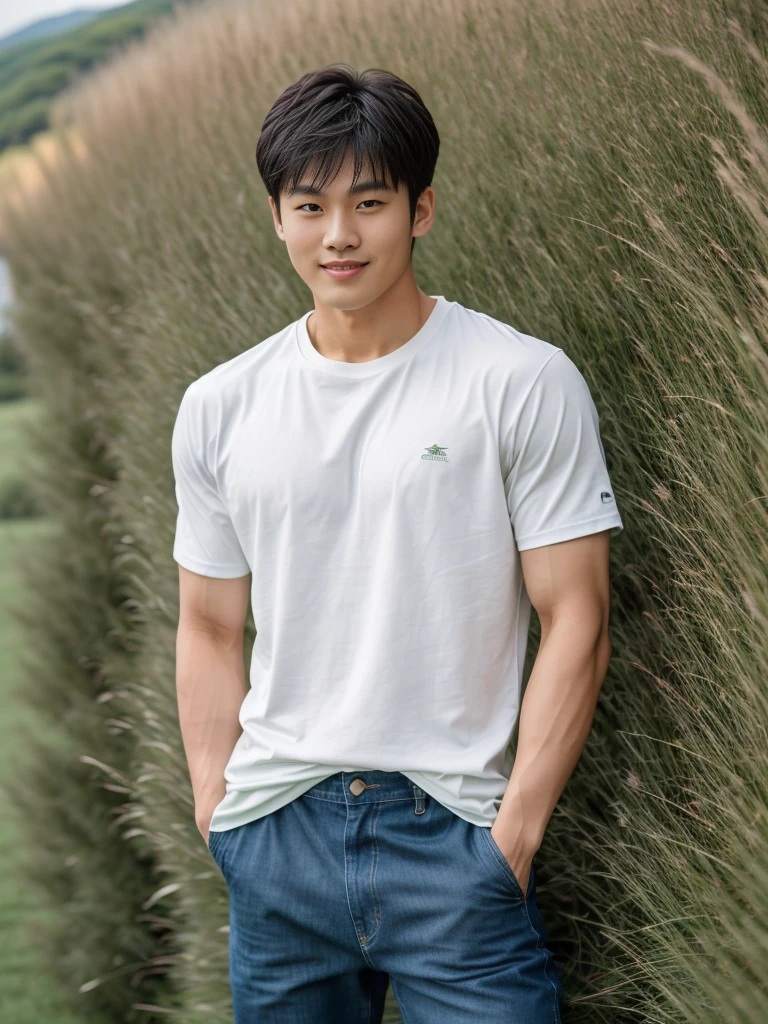 独奏: 1.5, (As a matter of fact, Masterpiece, 8k HD, good light quality, sportswear, fit the face, complicated details), A handsome Korean young man with muscular arms. , 20 years old, be happy, smile brightly, detailed face, delicate eyes, look at the sky, Wear a tight green t-shirt.:1.6 ,Wear a denim coat., jeans period, black eyes, Black hair color, ผมsmooth, smooth,Surreal,Awesome details,Highest quality,real,Open your mouth to talk. , Close your eyes., (standing in the grass:1.5)