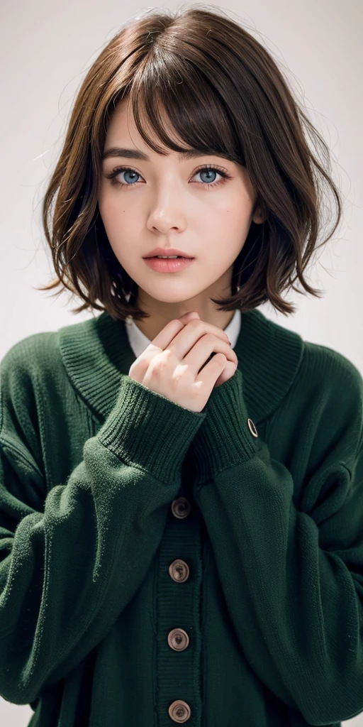 Girl, brown hair, bob haircut, with bangs, purple snow jacket with green sweater inside, hands crossed, slightly serious expression, big eyes, white gloves, blue eyes,professional, cinema, studio
