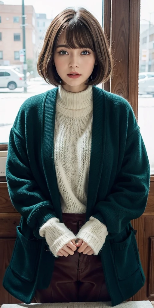 Girl, brown hair, bob haircut, with bangs, purple snow jacket with green sweater inside, hands crossed, slightly serious expression, big eyes, white gloves, blue eyes,professional, cinema, studio