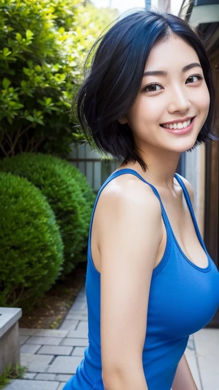 Highest quality、Japanese women、The most beautiful woman in the world、sexy、Blue-black hair color、Short Hair Style、Small face、Beautiful skin、Daytime、outside、、Large breasts、Realistic、A big smile、Red Tank Top
