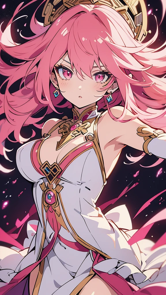 a beautiful detailed anime girl, long flowing pink hair, open chest, piercing eyes, detailed face, elegant pose, photorealistic, vibrant colors, dramatic lighting, intricate background, highly detailed, 8k, masterpiece, genshin impact cloths 