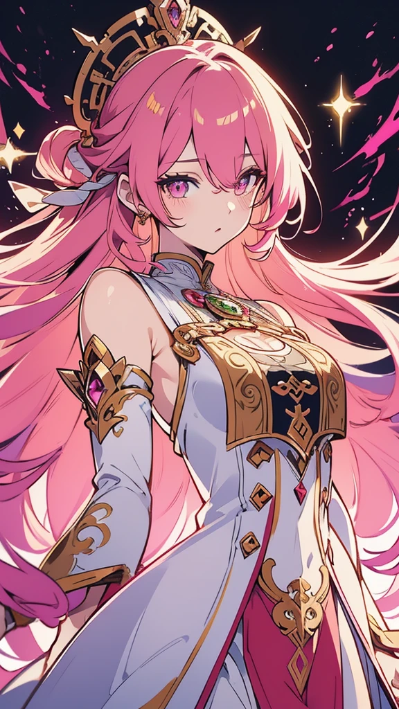 a beautiful detailed anime girl, long flowing pink hair, open chest, piercing eyes, detailed face, elegant pose, photorealistic, vibrant colors, dramatic lighting, intricate background, highly detailed, 8k, masterpiece, genshin impact cloths 