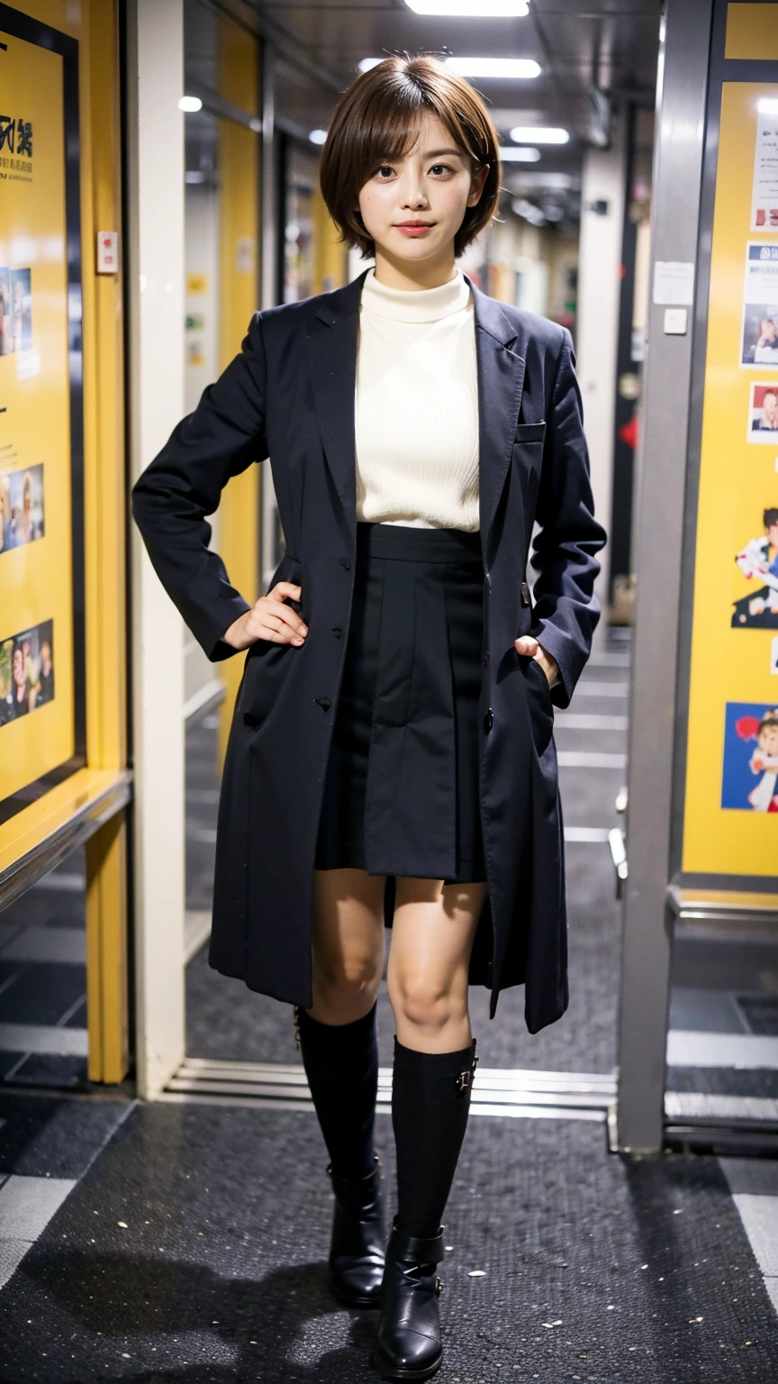 (8K、RAW Photos、Highest quality、masterpiece:1.2)、(Highest quality、Realistic)、1 Girl、((Black coat、tights、black and white mini skirt、Thin legs、whole body、boots、garden、View from the front、Looking into the camera、Idol Costume、、Stand with hands on hips))、cute