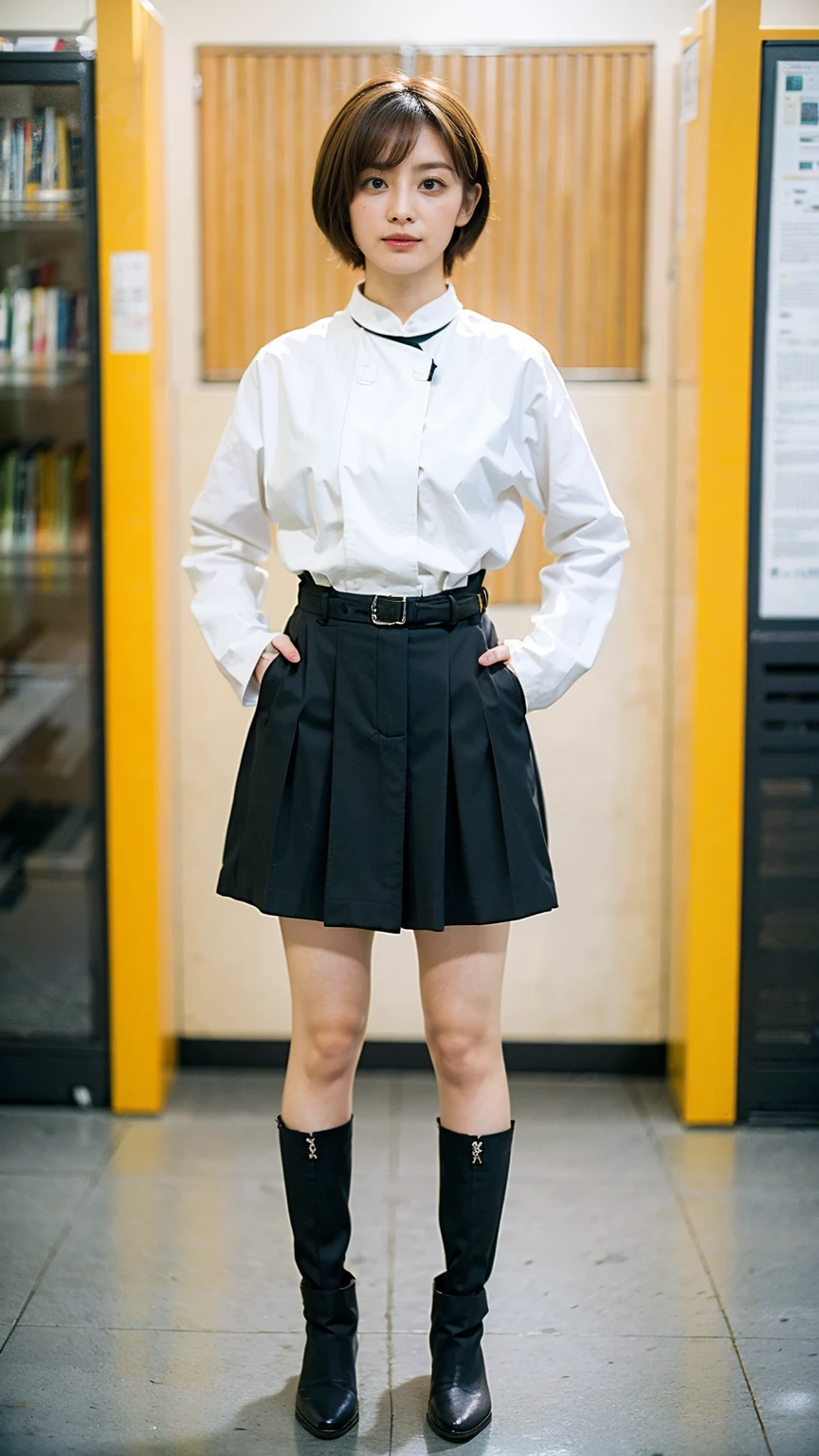 (8K、RAW Photos、Highest quality、masterpiece:1.2)、(Highest quality、Realistic)、1 Girl、((Black coat、tights、black and white mini skirt、Thin legs、whole body、boots、garden、View from the front、Looking into the camera、Idol Costume、、Stand with hands on hips))、cute