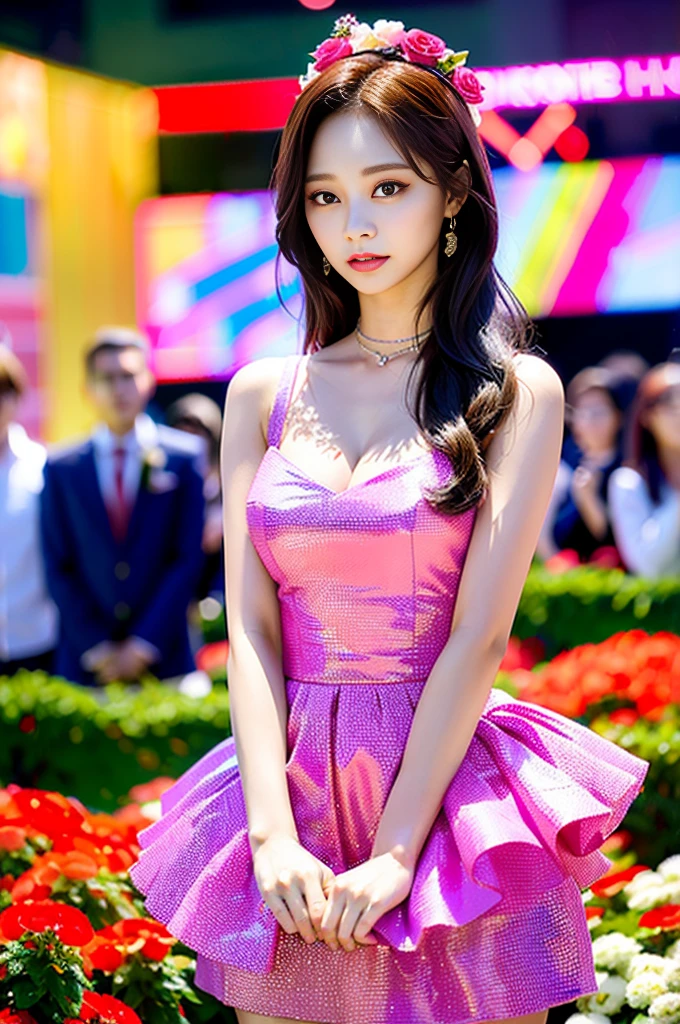 Tzuyu 1, woman, (Realistic), (Hyperrealism), (photoRealistic), Written boundary depth, eye make up:0.7 (whole body:1.8), (Large Bust),(Tight waist), Observe the audience,At the flower garden, Fashion Model, A sexy dress with open shoulders and neckline