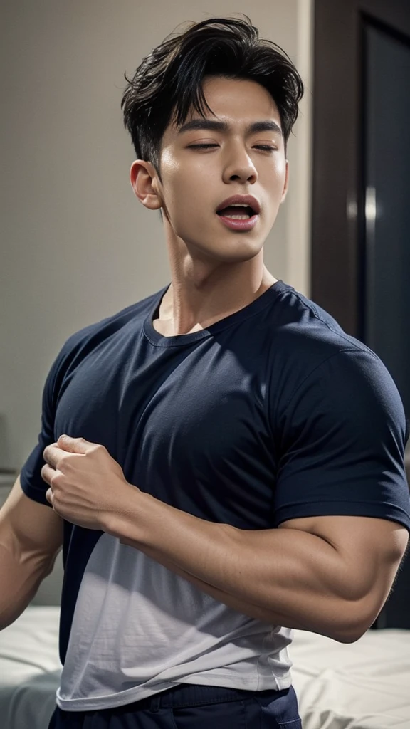 (Create a masterpiece: 1.2),(CGI art:1.3),(realistic:1.5),(After processing:1.3), (Sharp focus:1.3), 1 man, open mouth, smile, (Navy blue round neck t-shirt:1.3), Navy cargo pants, Korean guy , korean men, (High gloss details), chest muscles, large arm muscles, blood vessel, Big muscles, Broad shoulders, looking at the audience, Balancing the eyes, bedroom, Close your eyes.,(open mouth:1.1)