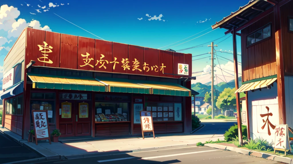 anime background, anime wallpaper, anime, anime style, praise, praise style, Modern Japanese streets, Mountain々, Uphill, Modern Japanese architecture, Japanese Convenience Stores, big retro japanese Store sign, Retro Japanese shop, wood, plant, rock, 植wood鉢, Store sign, Japanese Banner, Japanese Signs, flag, sunrise, Golden Hour, Golden lighting, Empty Streets, no one in sight, (no one: 1), Highest quality