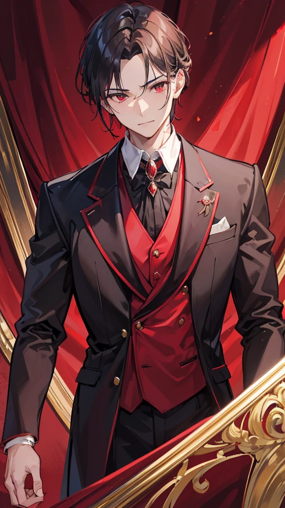  Alaric Valtieri. He is dressed in an elegant, wide dark red formal suit, paired with a red tie and a white shirt, giving a professional and neat impression. His face displays a calm and confident smile, reflecting an optimistic and charismatic attitude. On his left shoulder, there is a gold chain decoration, adding a touch of luxury and authority to his appearance.