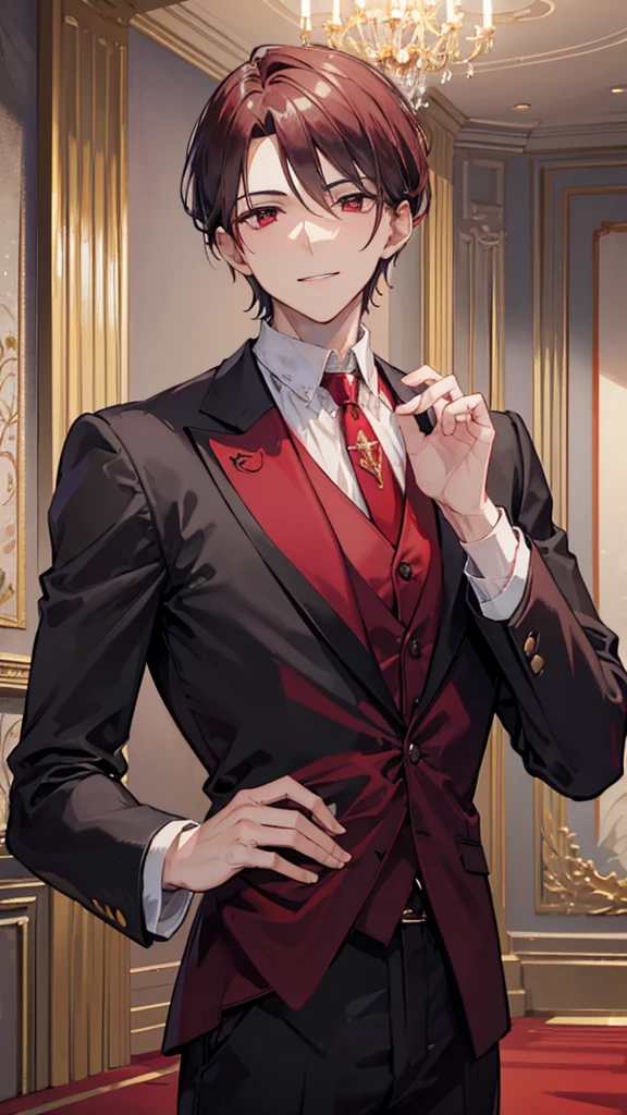  Alaric Valtieri. He is dressed in an elegant, wide dark red formal suit, paired with a red tie and a white shirt, giving a professional and neat impression. His face displays a calm and confident smile, reflecting an optimistic and charismatic attitude. On his left shoulder, there is a gold chain decoration, adding a touch of luxury and authority to his appearance.