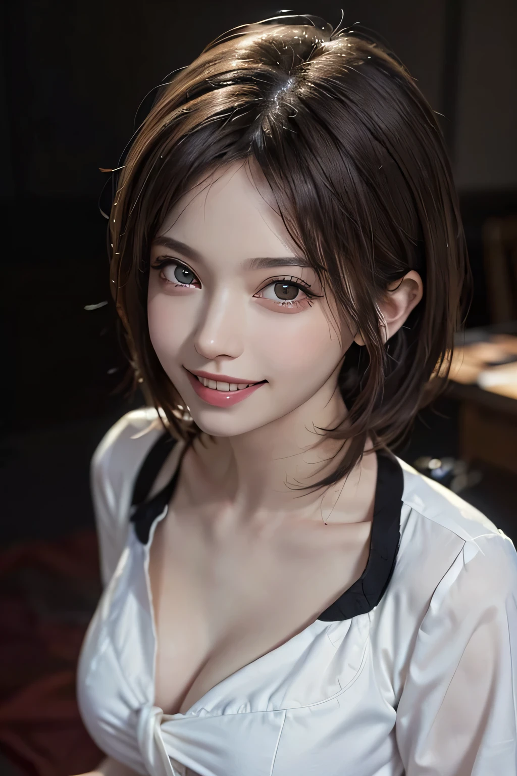 ((masterpiece)), ((Highest quality)), ((Complex)), ((Surreal)), (Realistic), (Mature Woman), ((There are no classes)), Very detailed, (1 female), Beautiful and exquisite, (Beautiful Teeth), Grin, Brunette Bob Hair, Brown eyes, ((blouse)), (Upper Body), (background:none), Perfect Eyes, Captivating eyes, Looking at the audience