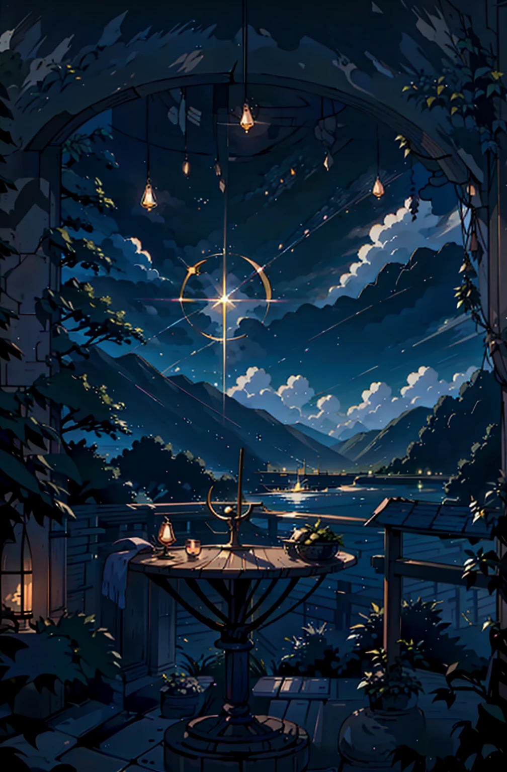 {{{Crescent Moon,Tabletop}}}, {{Highest quality, Ultra-fine illustrations, Beautiful and delicate water}}, {{Very delicate light}}, {{nature, Painting}}, {{Excellent lighting, A more transparent star, Quality Mountains々々々々々々々, Very beautiful 8K PCG wallpaper}}, (plateau), sunrise, Randomly distributed clouds, cliff, ((Rotating starry sky)), ((Lake of the mountain stream)), {{{Glowing particles,samurai,Hold the sword,Japanese sword}}}