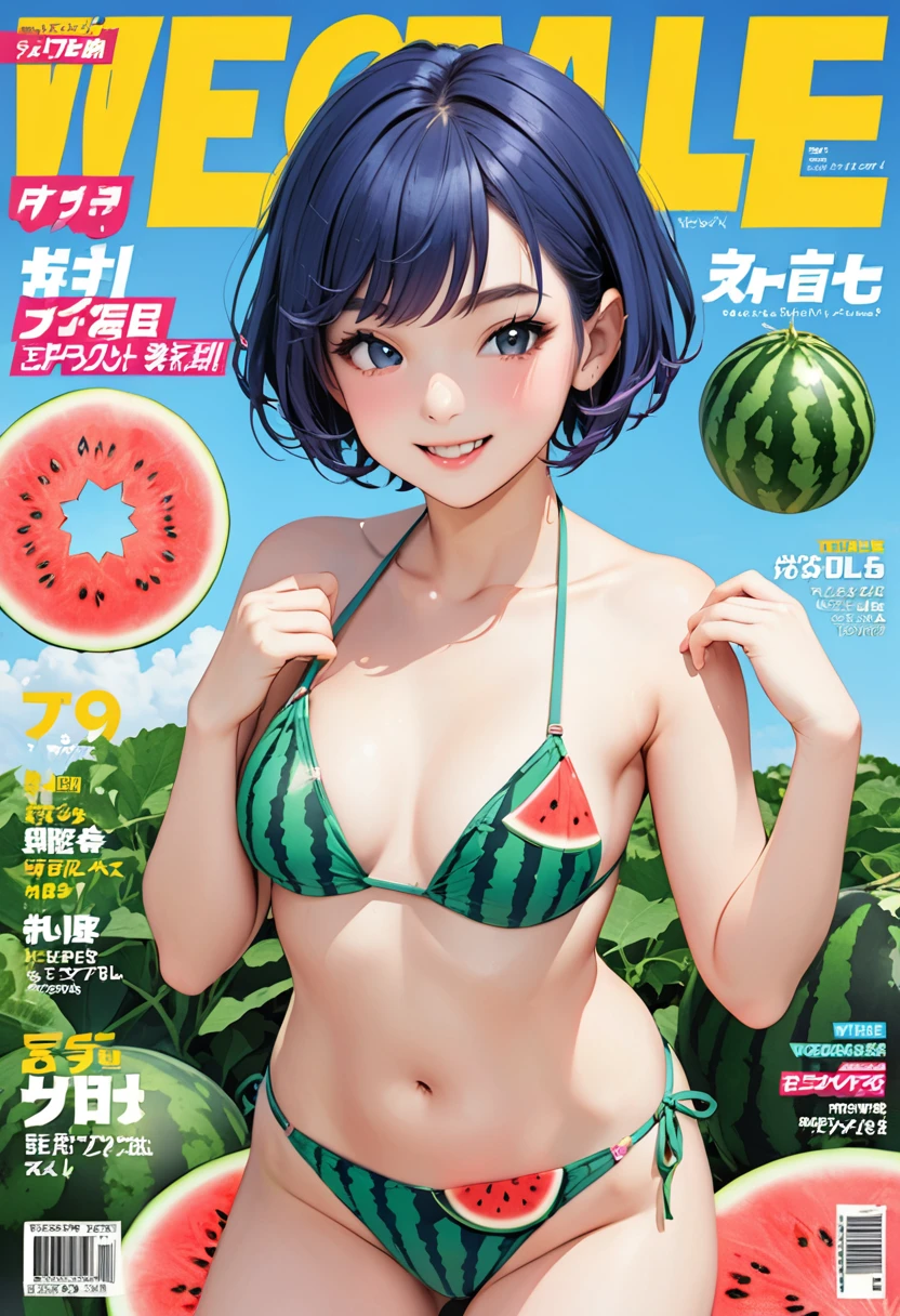 (vegetable magazine cover:1.3),(masterpiece, best quality:1.1),A gravure photo of a vegetable costume girl, cute,with a slutty posing ,vegetable pattern bikini,slutty posing,summer,whole body,BREAK.(tween,detailed face,(darkblue wavy-short hair),eyebrows,middle small breast),smile,watermelon