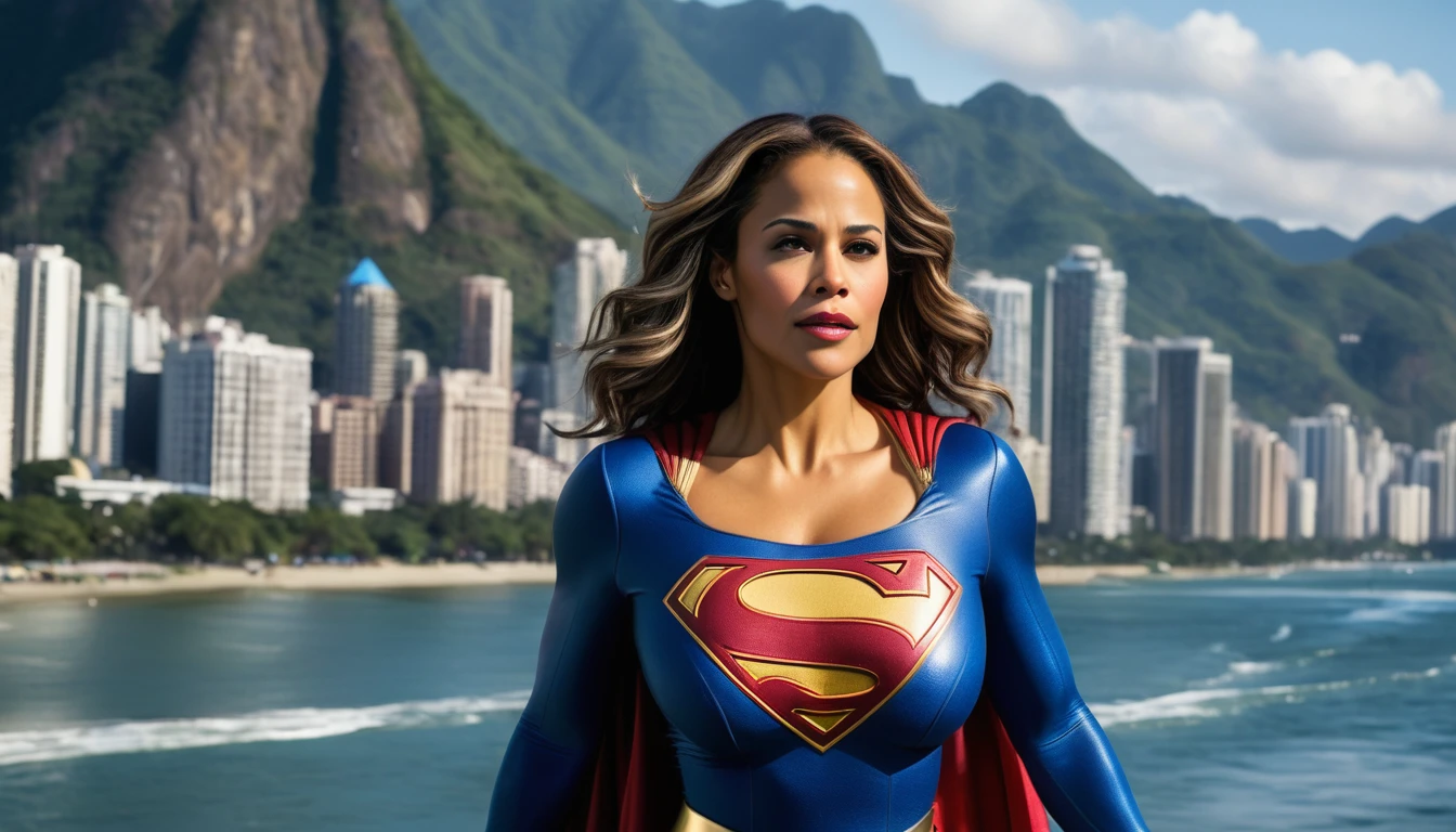 Paula Patton 2000s Supergirl 1984s movie costume; super breasts. Saving the world; posição de levantar vôo; braços esticados para cima; floating towards the Rio de Janeiro sky; HD. Photograph, ((realism)), extremely high quality RAW photograph, ultra detailed photograph, sharp focus, high resolution, (detailed skin:1,3),high quality, film grain, Fujifilm XT3,Highly Detailed, movie, (Cinematic Photo:1.3) of (Realistic:1.3). Super breasts.