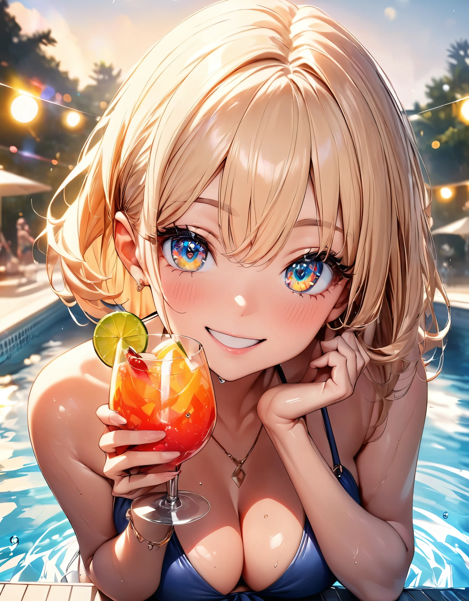 bikini美女のプールパーティ, Party Time, Beautiful detailed eyes, Beautiful detailed lips, Highly detailed eyes and face, Long eyelashes, bikini美女の曲線美, bikini, Pool Party, Poolside, Cocktail Glass, smile, Playful, Splash, Warm summer days, Golden Hour Lighting, Bright colors, Shiny skin, Water Drop, (Highest quality, High resolution, masterpiece:1.2), Super detailed, Studio Lighting, Bright colors, Bokeh