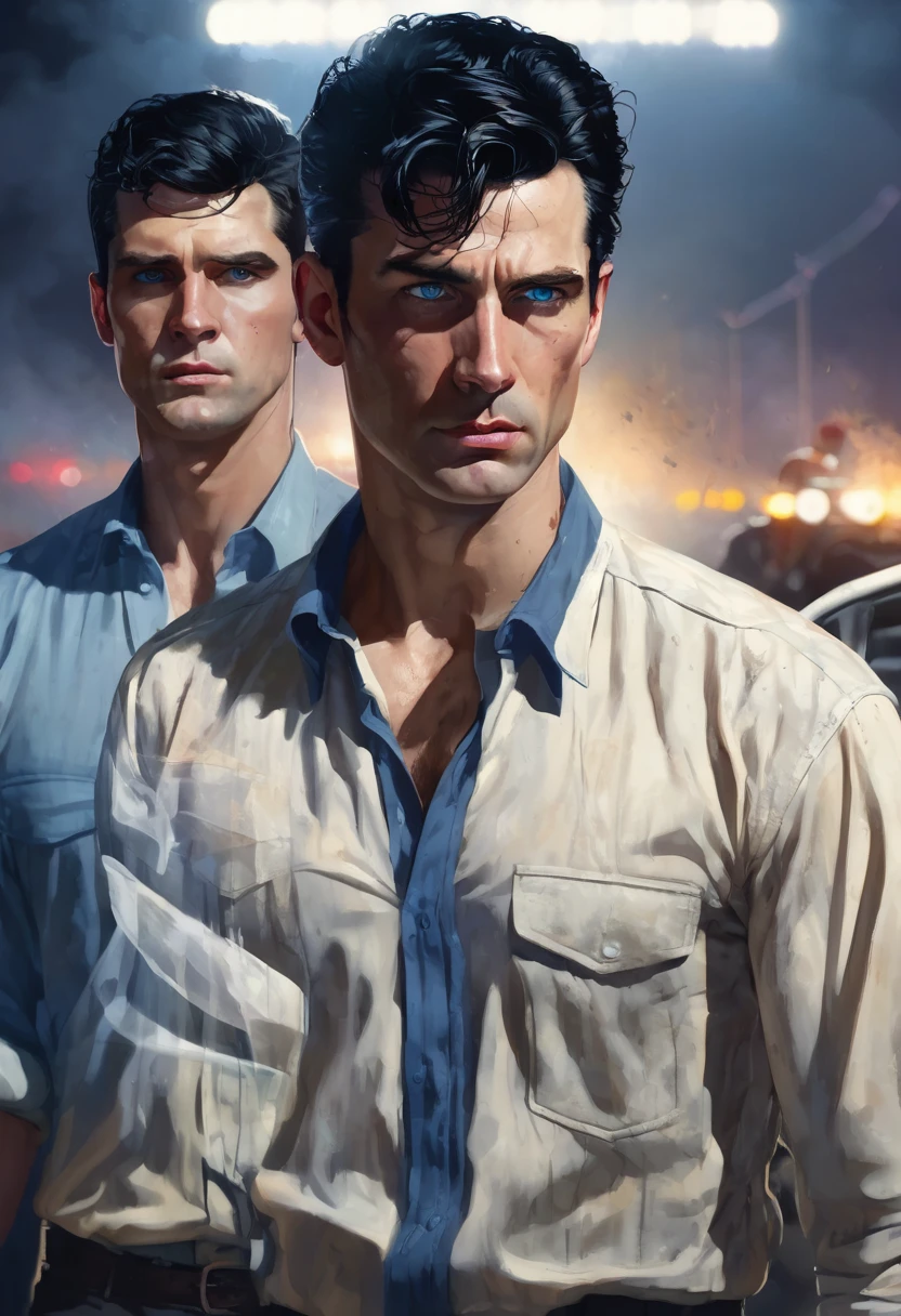 2 men, inside a clandestine race track, wearing a shirt, detailed facial features, the first man has medium-length black hair that is wavy and messy, detailed white skin, the second man has neat short blonde hair and blue eyes dramatic lighting, cinematic composition, palette cool colors and dark colors, atmospheric fog, strong chin, manly men, night, 25 years (best quality, 4K, 8K, high resolution, art: 1.2), ultra-detailed, (realistic, photorealistic, photorealistic: 1.37 )