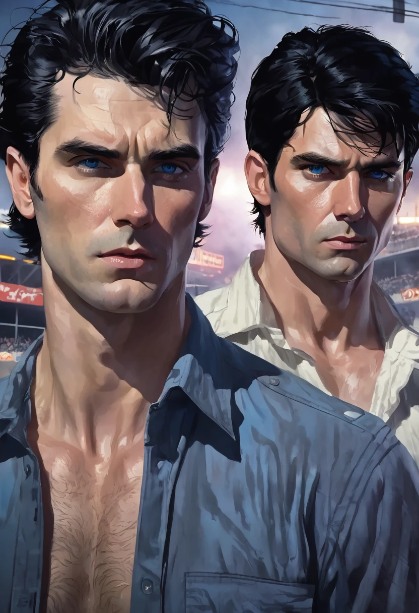 2 men, inside a clandestine race track, wearing a shirt, detailed facial features, the first man has medium-length black hair that is wavy and messy, detailed white skin, the second man has neat short blonde hair and blue eyes dramatic lighting, cinematic composition, palette cool colors and dark colors, atmospheric fog, strong chin, manly men, night, 25 years (best quality, 4K, 8K, high resolution, art: 1.2), ultra-detailed, (realistic, photorealistic, photorealistic: 1.37 )