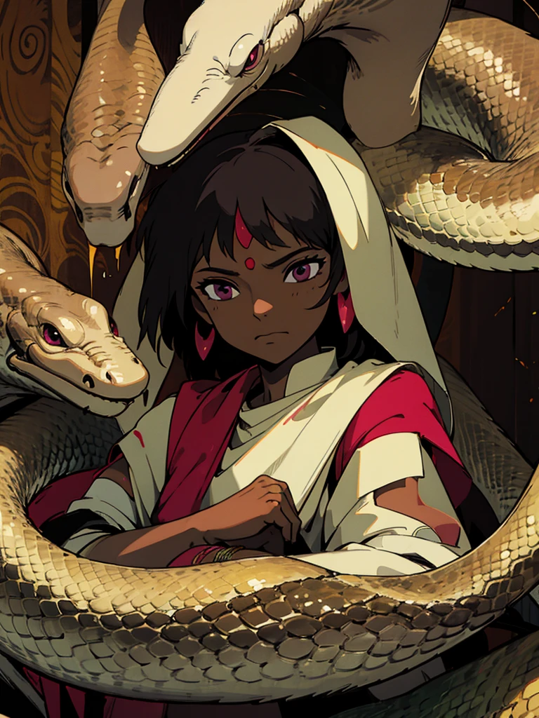 Dark skinned Indian girl , blind folded, snake background