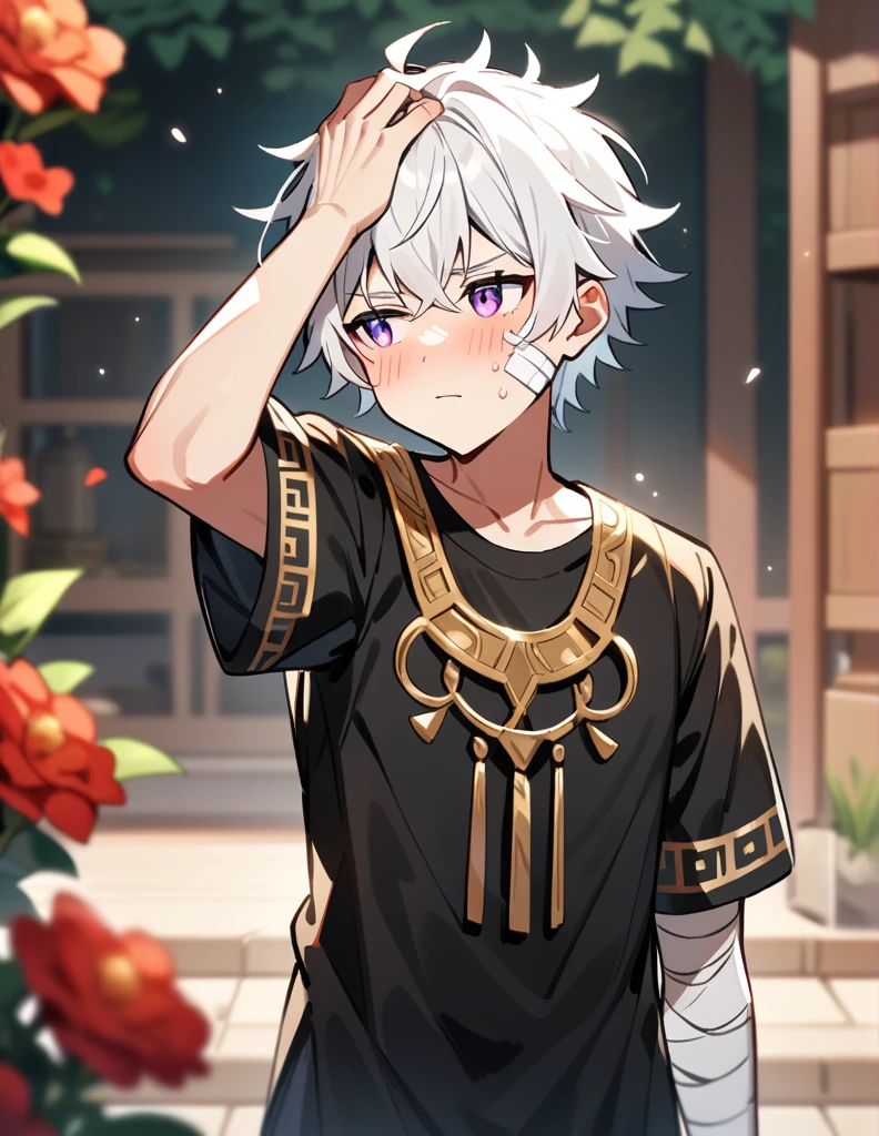 small Greek boy with white hair, violet eyes, wearing an all-black Greek shirt with small gold details, with bandages on his cheek and arm, standing scratching his head while looking away blushing, with a red garden in a blurred background