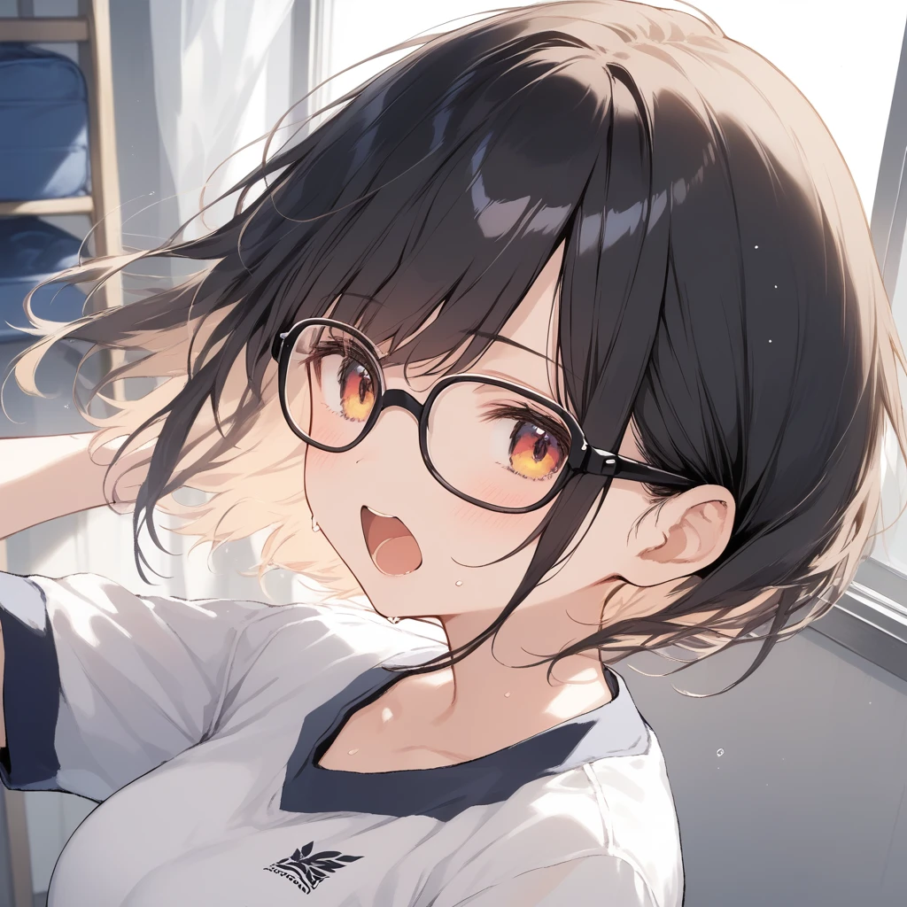 score_9, score_8_up, score_7_up, source_anime, best quality, masterpiece, official art, absurdres, highres, ultra-detailed,waifu2x,Collection: Slice of Life,break,1girl, sports uniform, short hair,glasses, medium breasts, beautiful detailed eyes, sweat, open mouth, (yawn:0.3), sleepily, indoors, school gym storeroom, wind,break,(clear line illustration:1.2), super detailed skin,very high resolution, very aesthetic, Best sexual lighting powered by famous artist, 8k,cute picture,beauty illustration,photoshop_(medium),,(Detailed Lighting),best anime 8k konachan wallpaper, pixiv contest winner,