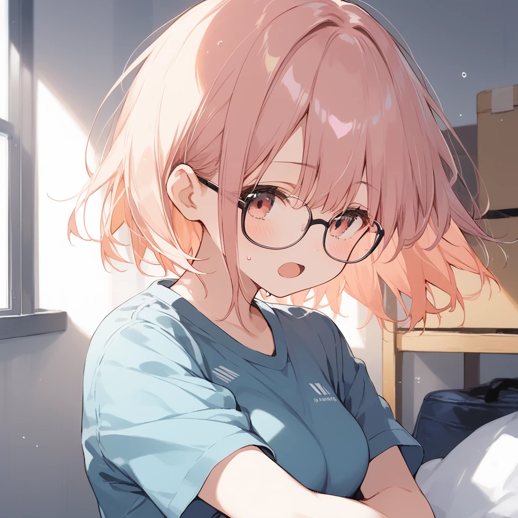 score_9, score_8_up, score_7_up, source_anime, best quality, masterpiece, official art, absurdres, highres, ultra-detailed,waifu2x,Collection: Slice of Life,break,1girl, sports uniform, short hair,glasses, medium breasts, beautiful detailed eyes, sweat, open mouth, (yawn:0.3), sleepily, indoors, school gym storeroom, wind,break,(clear line illustration:1.2), super detailed skin,very high resolution, very aesthetic, Best sexual lighting powered by famous artist, 8k,cute picture,beauty illustration,photoshop_(medium),,(Detailed Lighting),best anime 8k konachan wallpaper, pixiv contest winner,