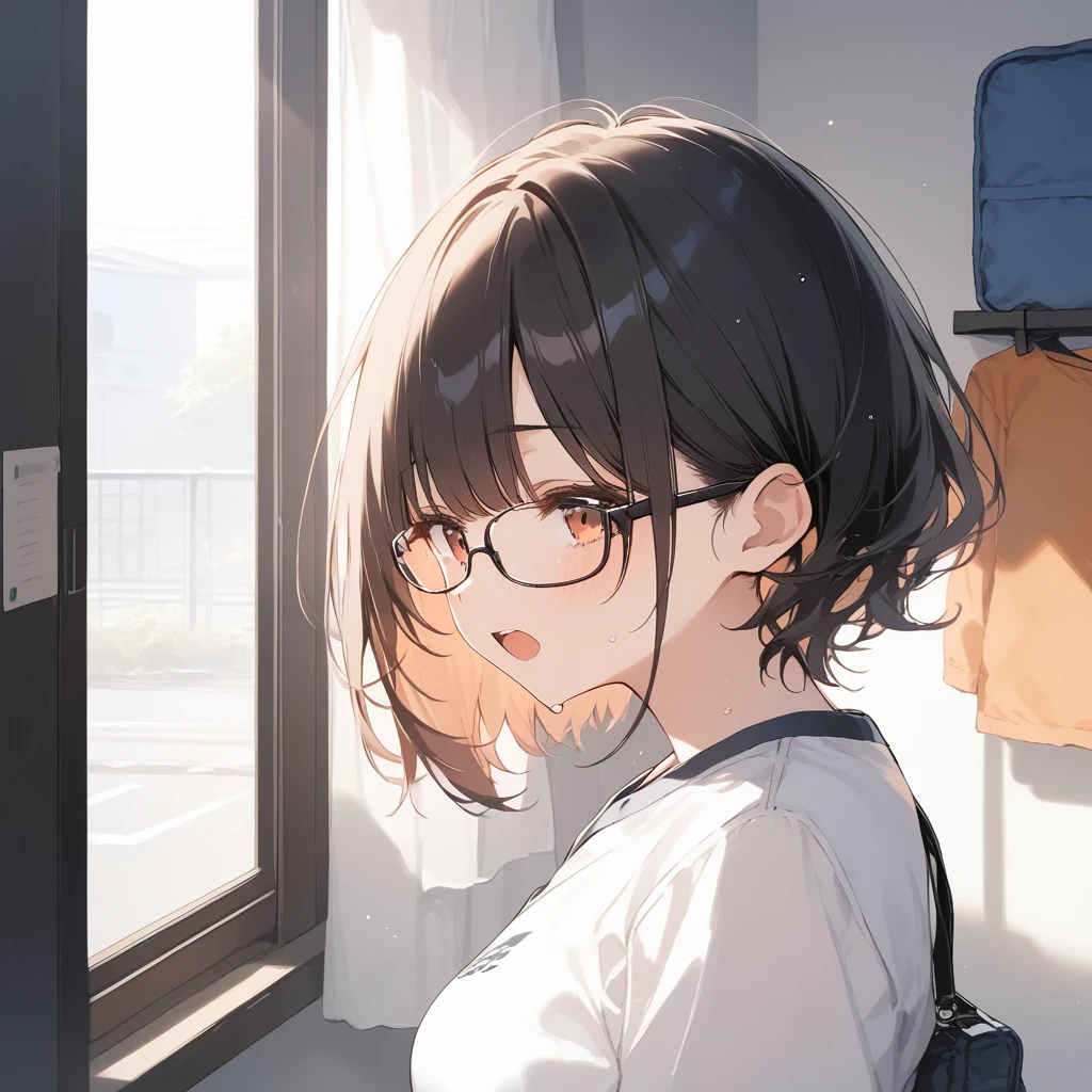 score_9, score_8_up, score_7_up, source_anime, best quality, masterpiece, official art, absurdres, highres, ultra-detailed,waifu2x,Collection: Slice of Life,break,1girl, sports uniform, short hair,glasses, medium breasts, beautiful detailed eyes, sweat, open mouth, (yawn:0.3), sleepily, indoors, school gym storeroom, wind,break,(clear line illustration:1.2), super detailed skin,very high resolution, very aesthetic, Best sexual lighting powered by famous artist, 8k,cute picture,beauty illustration,photoshop_(medium),,(Detailed Lighting),best anime 8k konachan wallpaper, pixiv contest winner,