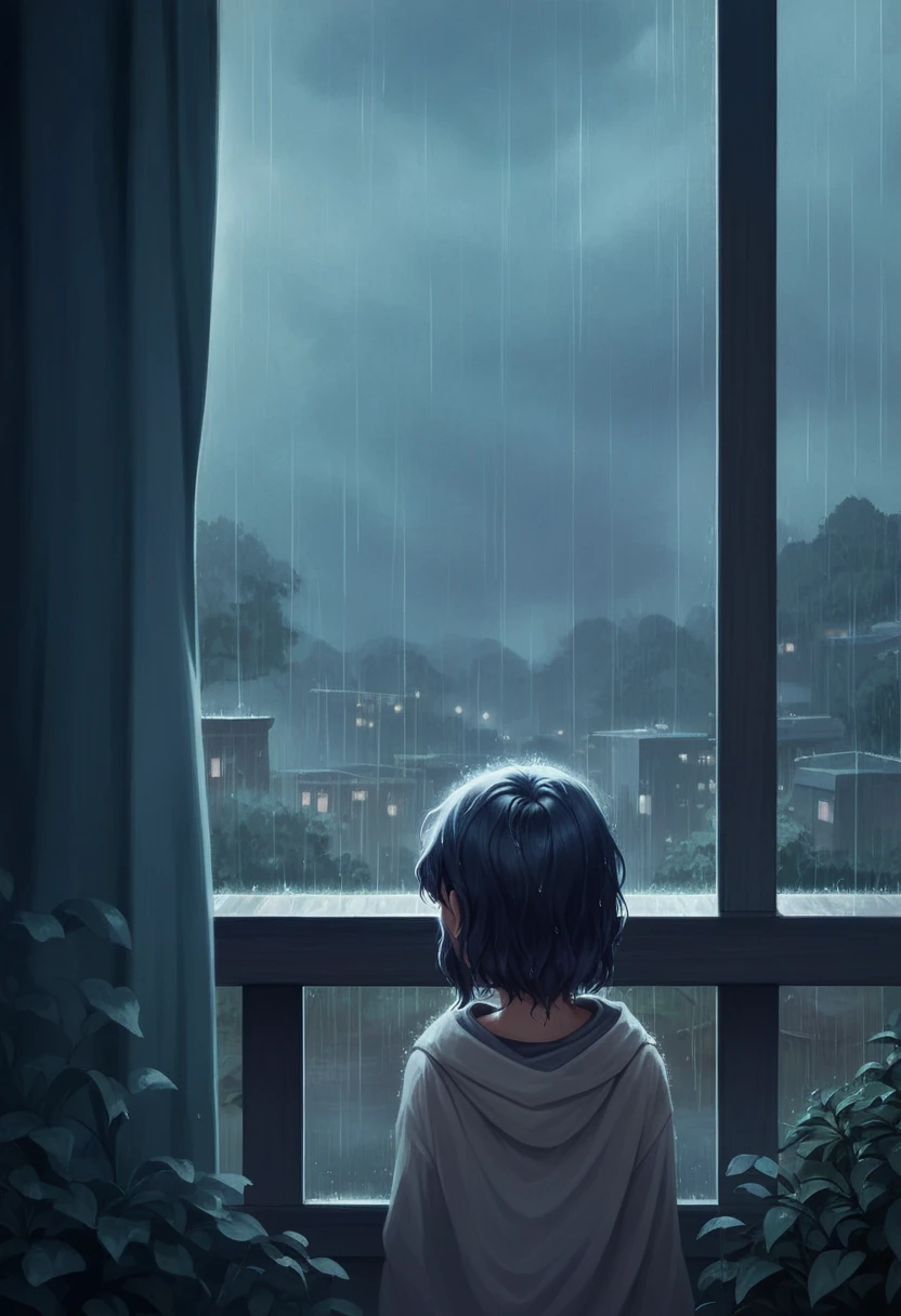 arafed view of a bedroom with a balcony and a rainy night, rainy evening, rainy day outside, rainy afternoon, cozy and peaceful atmosphere, ultra realistic picture, relaxing environment, rainy outside, gloomy weather. hyperrealistic, rainy night, inspired by Gregory Crewdson, quiet and serene atmosphere, cozy and calm, rainy day. game render, rainy scene