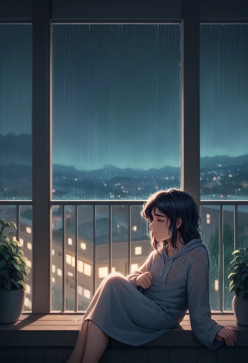 arafed view of a bedroom with a balcony and a rainy night, rainy evening, rainy day outside, rainy afternoon, cozy and peaceful atmosphere, ultra realistic picture, relaxing environment, rainy outside, gloomy weather. hyperrealistic, rainy night, inspired by Gregory Crewdson, quiet and serene atmosphere, cozy and calm, rainy day. game render, rainy scene