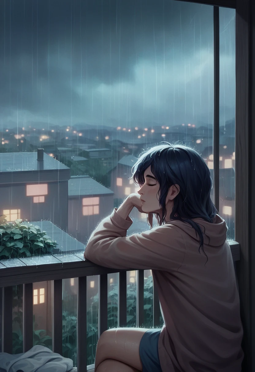 arafed view of a bedroom with a balcony and a rainy night, rainy evening, rainy day outside, rainy afternoon, cozy and peaceful atmosphere, ultra realistic picture, relaxing environment, rainy outside, gloomy weather. hyperrealistic, rainy night, inspired by Gregory Crewdson, quiet and serene atmosphere, cozy and calm, rainy day. game render, rainy scene