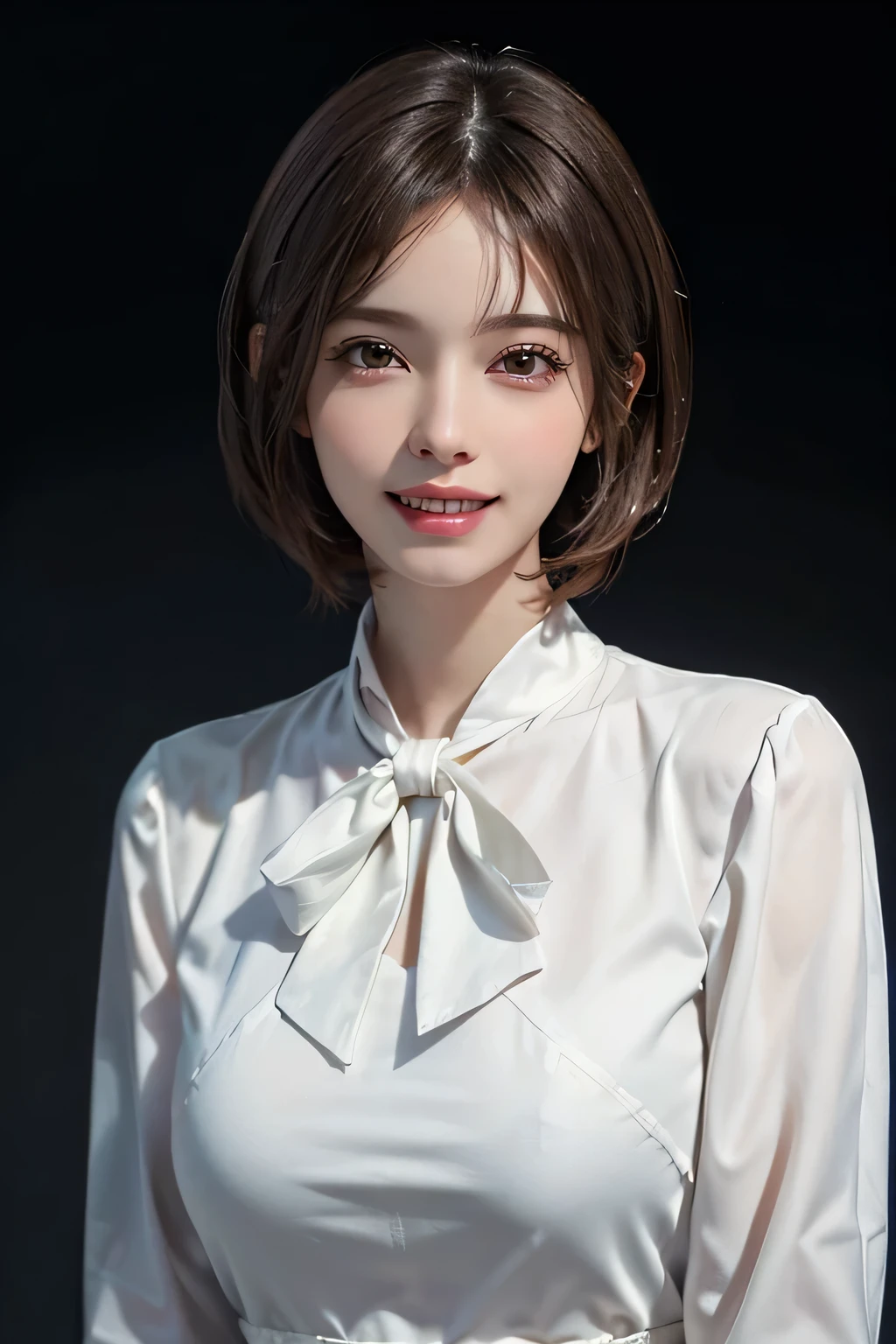 ((masterpiece)), ((Highest quality)), ((Complex)), ((Surreal)), (Realistic), ( Woman), ((There are no classes)), Very detailed, (1 female), Beautiful and exquisite, (Beautiful Teeth), Grin, Brunette Bob Hair, Brown eyes, ((blouse)), (Upper Body), (background:none), Perfect Eyes, Captivating eyes, Looking at the audience