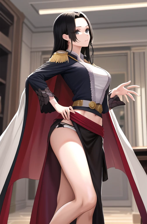 masterpiece, Highest quality, High resolution, Hancock 1, One girl, Boa Hancock, Large Breasts, Long Hair, Epaulettes, Cape, Side slits, Cowboy Shot, Are standing, View your viewers, Sexy pose, Safe at Work, Hands Behind Back, Perfect Fingers,(((Stand with your feet apart)))、((Shiny underwear)))、Beautiful beauty、Long black hair、((whole body))、(((Photo taken from below)))、Large Breastini skirt、Panties are black lace、tall、Long limbs、hairstyle semi long、