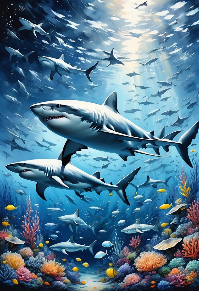 Black and white minimalism,Undersea landscape,Many sharks,detailed pattern,Lovely,charming,masterpiece,detailed,Rendering,Oil paints,watercolor,general brushStrokes,Stroke,masterpiece,最高masterpiece,Beautiful starry sky