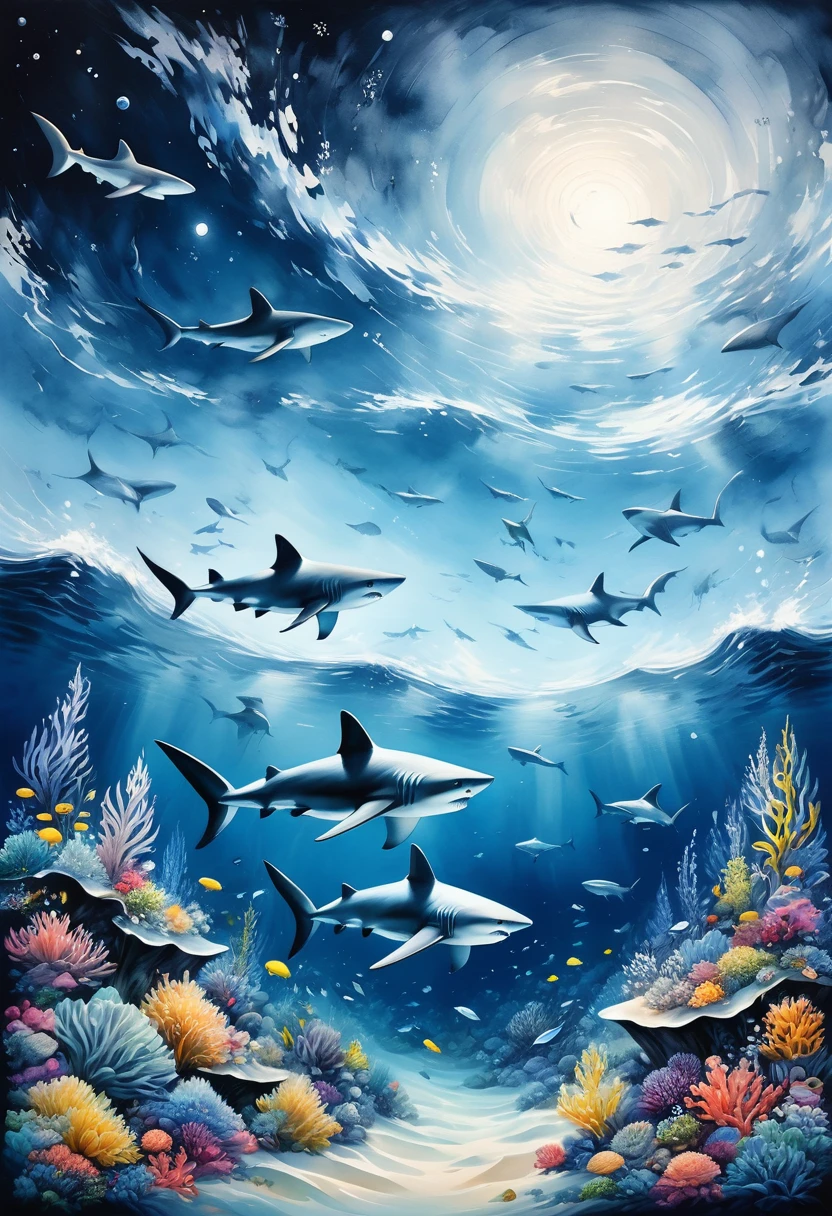Black and white minimalism,Undersea landscape,Many sharks,detailed pattern,Lovely,charming,masterpiece,detailed,Rendering,Oil paints,watercolor,general brushStrokes,Stroke,masterpiece,最高masterpiece,Beautiful starry sky