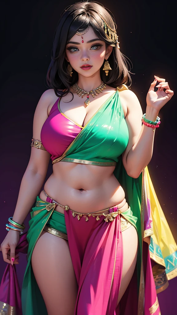 Desi bbw short saree neon background