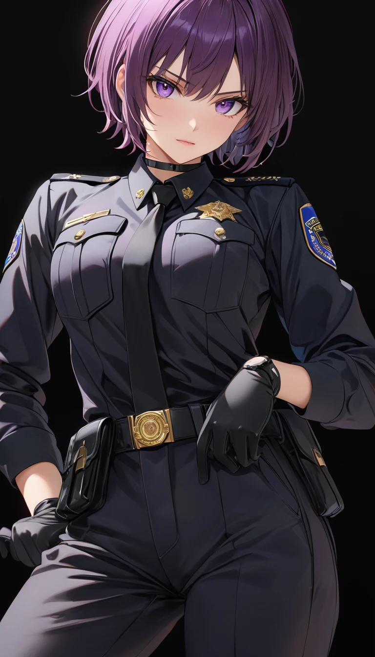 High-resolution anime digital art, Masterpiece, tomboy, mature, sexy, smart, short hair color pitch black, real detail eyes pupil purple, real detail hands and fingers, wear gloves, black chokers, wear Black FBI uniform, Full Body, Alone, Full Body, intricate, hyper detailed, sharp focus, physically-based rendering, (black background:1.1)