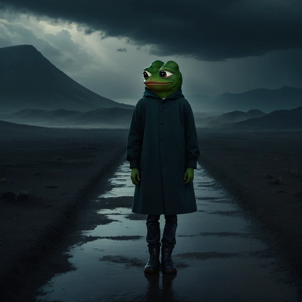 Pepe the frog A dark and desolate landscape, a lone boy standing amidst the gloom, (1 boy), dark and moody atmosphere, grim and ominous, brooding clouds, eerie lighting, muted colors, (((pepepals_frog))), highly detailed, cinematic, photorealistic, masterpiece, 8k, hyper-realistic