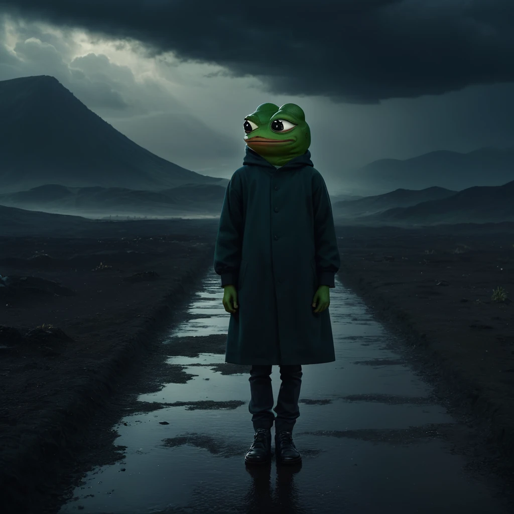 Pepe the frog A dark and desolate landscape, a lone boy standing amidst the gloom, (1 boy), dark and moody atmosphere, grim and ominous, brooding clouds, eerie lighting, muted colors, (((pepepals_frog))), highly detailed, cinematic, photorealistic, masterpiece, 8k, hyper-realistic