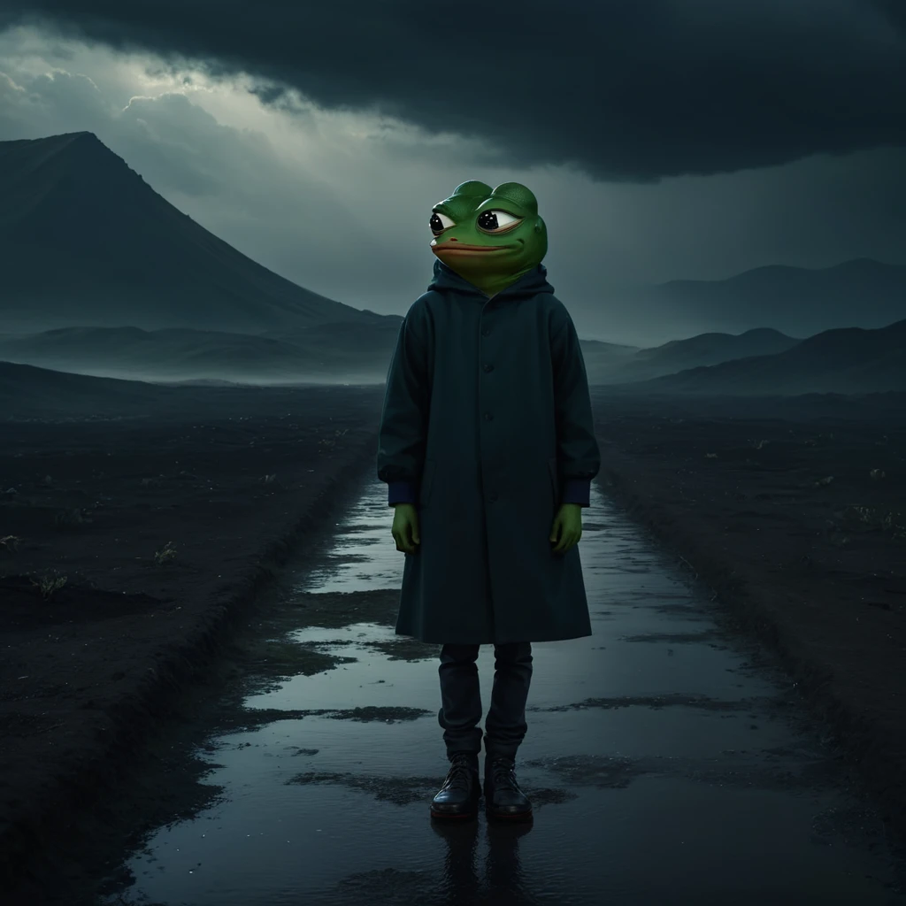 Pepe the frog A dark and desolate landscape, a lone boy standing amidst the gloom, (1 boy), dark and moody atmosphere, grim and ominous, brooding clouds, eerie lighting, muted colors, (((pepepals_frog))), highly detailed, cinematic, photorealistic, masterpiece, 8k, hyper-realistic
