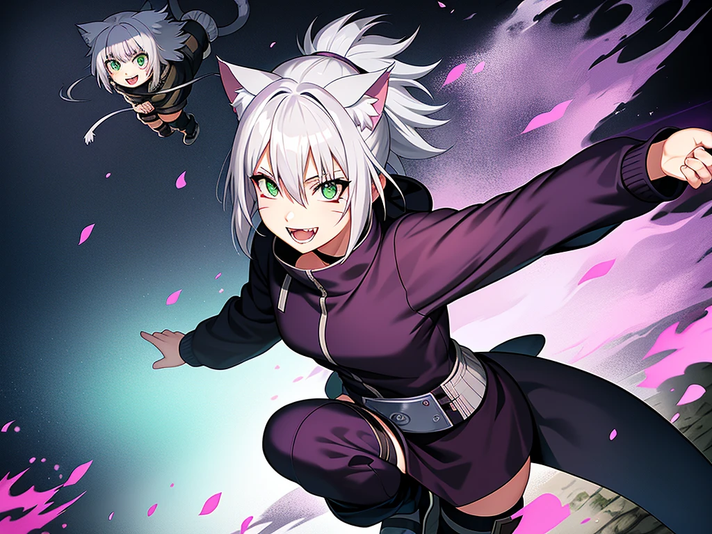 SFW, ultra 4k hd, absurdres, anime, naruto, white hair, lavender hair, gray hair, silver hair, neko, green eyes, ninja, short hair, chubby, medium breasts, messy hair, gray hair, cat ears, catgirl, nekomimi, cat tail, forehead protector, kunoichi, hair between eyes, silver hair, anime style, fullbody, eye scar, smiling, fangs, 1girl, naruto shippuden, solo, baggy clothes, alone, forest, village, akatsuki, leaf village, konoha, 1fang, cloak, fishnets, v bangs, bangs, fluffy, dark clothes, purple clothes, clothing design, ninja fashion, light eyes, scar over eye, light green eyes, scars, SFW, ultra 4k hd, absurdres, anime, naruto, white hair, lavender hair, gray hair, silver hair, neko, green eyes, ninja, short hair, chubby, medium breasts, messy hair, gray hair, cat ears, catgirl, nekomimi, cat tail, forehead protector, kunoichi, hair between eyes, silver hair, anime style, fullbody, eye scar, fangs, 1girl, naruto shippuden, solo, baggy clothes, alone, forest, village, 1fang, cloak, fishnets, v bangs, bangs, fluffy, dark clothes, purple clothes, clothing design, ninja fashion, light eyes, scar over eye, light green eyes, scars, hood, hood down, hood off, ((best quality:1), (masterpiece:1), (ultra-detailed:1):1.3), cinematic lighting, detailed background, detailed, absurd detail, ahoge, half updo hairstyle, dynamic lighting, (detailed background:1), sidetails, long side locks, SFW, ultra 4k hd, absurdres, anime, naruto, white hair, lavender hair, gray hair, silver hair, neko, green eyes, ninja, short hair, chubby, medium breasts, messy hair, gray hair, cat ears, catgirl, nekomimi, cat tail, forehead protector, kunoichi, hair between eyes, silver hair, anime style, fullbody, eye scar, fangs, 1girl, naruto shippuden, solo, baggy clothes, alone, forest, village, 1fang, cloak, fishnets, v bangs, bangs, fluffy, dark clothes, purple clothes, clothing design, ninja fashion, light eyes, scar over eye, light green eyes, scars, hood, hood down, hood off, ((best quality:1), (mas