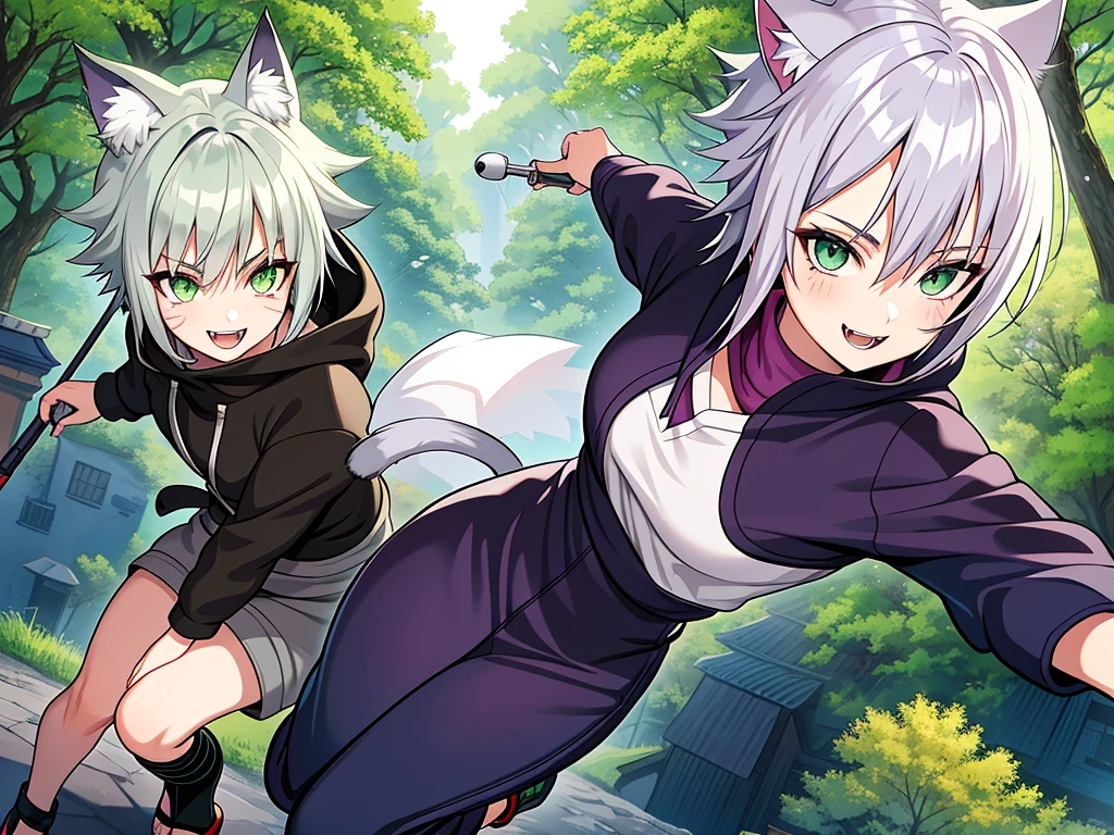 SFW, ultra 4k hd, absurdres, anime, naruto, white hair, lavender hair, gray hair, silver hair, neko, green eyes, ninja, short hair, chubby, medium breasts, messy hair, gray hair, cat ears, catgirl, nekomimi, cat tail, forehead protector, kunoichi, hair between eyes, silver hair, anime style, fullbody, eye scar, smiling, fangs, 1girl, naruto shippuden, solo, baggy clothes, alone, forest, village, akatsuki, leaf village, konoha, 1fang, cloak, fishnets, v bangs, bangs, fluffy, dark clothes, purple clothes, clothing design, ninja fashion, light eyes, scar over eye, light green eyes, scars, SFW, ultra 4k hd, absurdres, anime, naruto, white hair, lavender hair, gray hair, silver hair, neko, green eyes, ninja, short hair, chubby, medium breasts, messy hair, gray hair, cat ears, catgirl, nekomimi, cat tail, forehead protector, kunoichi, hair between eyes, silver hair, anime style, fullbody, eye scar, fangs, 1girl, naruto shippuden, solo, baggy clothes, alone, forest, village, 1fang, cloak, fishnets, v bangs, bangs, fluffy, dark clothes, purple clothes, clothing design, ninja fashion, light eyes, scar over eye, light green eyes, scars, hood, hood down, hood off, ((best quality:1), (masterpiece:1), (ultra-detailed:1):1.3), cinematic lighting, detailed background, detailed, absurd detail, ahoge, half updo hairstyle, dynamic lighting, (detailed background:1), sidetails, long side locks, SFW, ultra 4k hd, absurdres, anime, naruto, white hair, lavender hair, gray hair, silver hair, neko, green eyes, ninja, short hair, chubby, medium breasts, messy hair, gray hair, cat ears, catgirl, nekomimi, cat tail, forehead protector, kunoichi, hair between eyes, silver hair, anime style, fullbody, eye scar, fangs, 1girl, naruto shippuden, solo, baggy clothes, alone, forest, village, 1fang, cloak, fishnets, v bangs, bangs, fluffy, dark clothes, purple clothes, clothing design, ninja fashion, light eyes, scar over eye, light green eyes, scars, hood, hood down, hood off, ((best quality:1), (mas