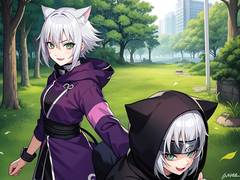 SFW, ultra 4k hd, absurdres, anime, naruto, white hair, lavender hair, gray hair, silver hair, neko, green eyes, ninja, short hair, chubby, medium breasts, messy hair, gray hair, cat ears, catgirl, nekomimi, cat tail, forehead protector, kunoichi, hair between eyes, silver hair, anime style, fullbody, eye scar, smiling, fangs, 1girl, naruto shippuden, solo, baggy clothes, alone, forest, village, akatsuki, leaf village, konoha, 1fang, cloak, fishnets, v bangs, bangs, fluffy, dark clothes, purple clothes, clothing design, ninja fashion, light eyes, scar over eye, light green eyes, scars, SFW, ultra 4k hd, absurdres, anime, naruto, white hair, lavender hair, gray hair, silver hair, neko, green eyes, ninja, short hair, chubby, medium breasts, messy hair, gray hair, cat ears, catgirl, nekomimi, cat tail, forehead protector, kunoichi, hair between eyes, silver hair, anime style, fullbody, eye scar, fangs, 1girl, naruto shippuden, solo, baggy clothes, alone, forest, village, 1fang, cloak, fishnets, v bangs, bangs, fluffy, dark clothes, purple clothes, clothing design, ninja fashion, light eyes, scar over eye, light green eyes, scars, hood, hood down, hood off, ((best quality:1), (masterpiece:1), (ultra-detailed:1):1.3), cinematic lighting, detailed background, detailed, absurd detail, ahoge, half updo hairstyle, dynamic lighting, (detailed background:1), sidetails, long side locks, SFW, ultra 4k hd, absurdres, anime, naruto, white hair, lavender hair, gray hair, silver hair, neko, green eyes, ninja, short hair, chubby, medium breasts, messy hair, gray hair, cat ears, catgirl, nekomimi, cat tail, forehead protector, kunoichi, hair between eyes, silver hair, anime style, fullbody, eye scar, fangs, 1girl, naruto shippuden, solo, baggy clothes, alone, forest, village, 1fang, cloak, fishnets, v bangs, bangs, fluffy, dark clothes, purple clothes, clothing design, ninja fashion, light eyes, scar over eye, light green eyes, scars, hood, hood down, hood off, ((best quality:1), (mas