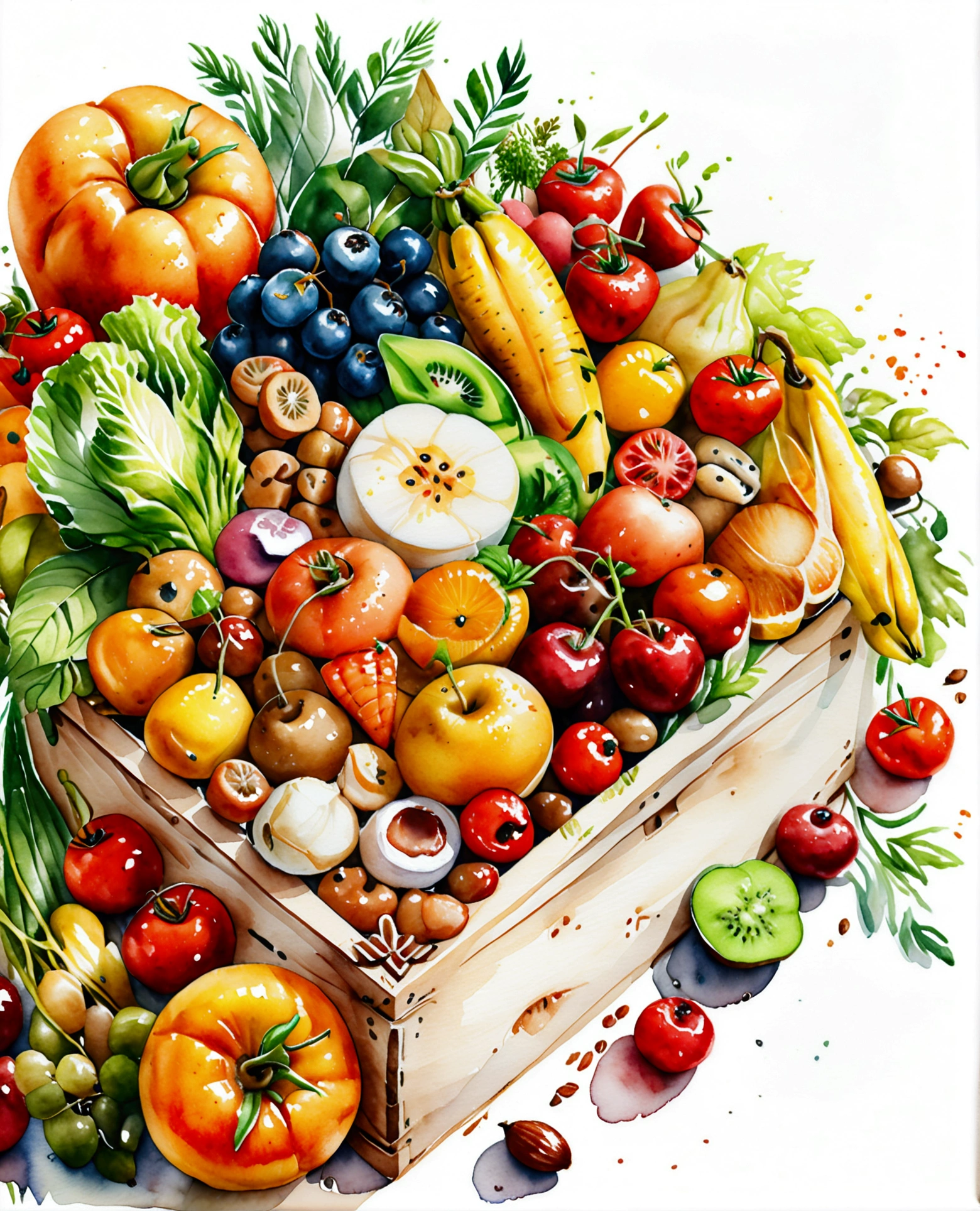 a wooden box with a lot of healthy food, illustration, isolated with solid white background, surrounded with negative space, centered composition, 8k, highest detailed painting, very precise painting, Isolated, clear solid white background, perspective angle of view, cartoon style, ((watercolor:1)), clip art, (lora:add-detail-xl:1), (masterpiece), (best quality),