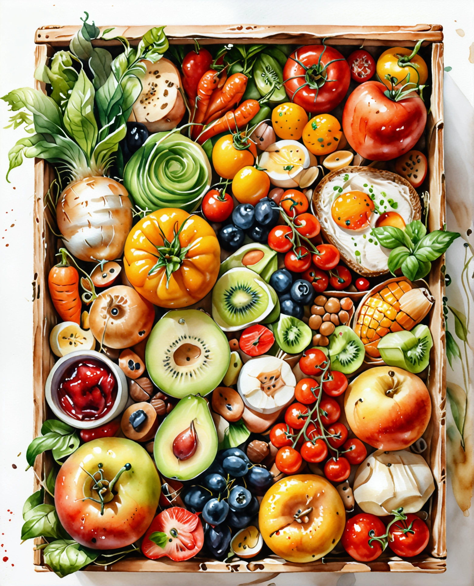a wooden box with a lot of healthy food, illustration, isolated with solid white background, surrounded with negative space, centered composition, 8k, highest detailed painting, very precise painting, Isolated, clear solid white background, perspective angle of view, cartoon style, ((watercolor:1)), clip art, (lora:add-detail-xl:1), (masterpiece), (best quality),