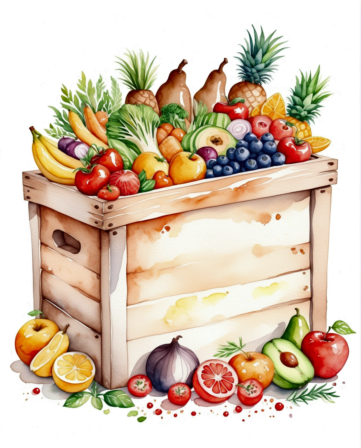 a wooden box with a lot of healthy food, illustration, isolated with solid white background, surrounded with negative space, centered composition, 8k, highest detailed painting, very precise painting, Isolated, clear solid white background, perspective angle of view, cartoon style, ((watercolor:1)), clip art, (lora:add-detail-xl:1), (masterpiece), (best quality),